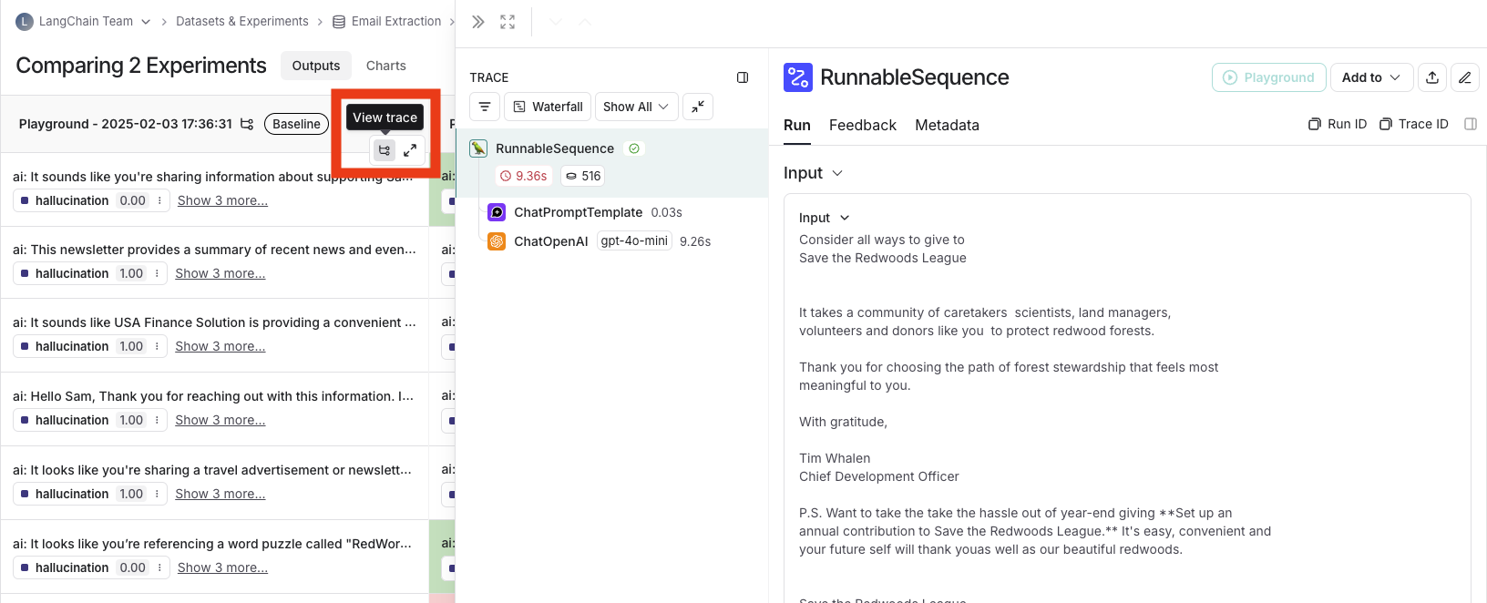 The View trace icon highlighted from an ingested run.