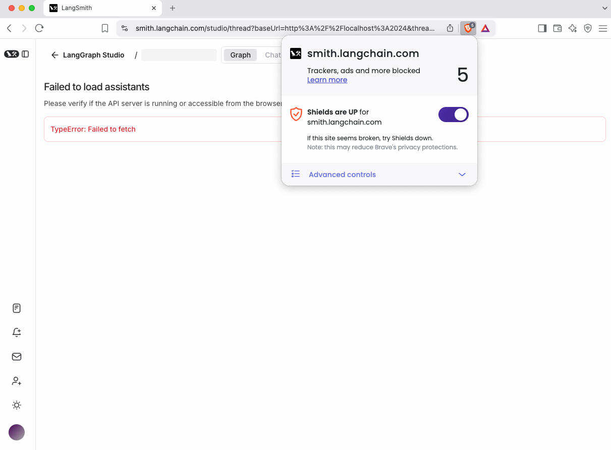 Brave Shields panel with Shields turned off for smith.langchain.com so LangGraph Studio can reach localhost.