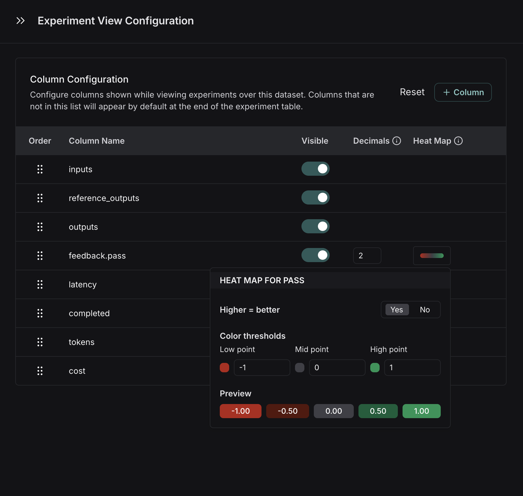 Column heatmap configuration
