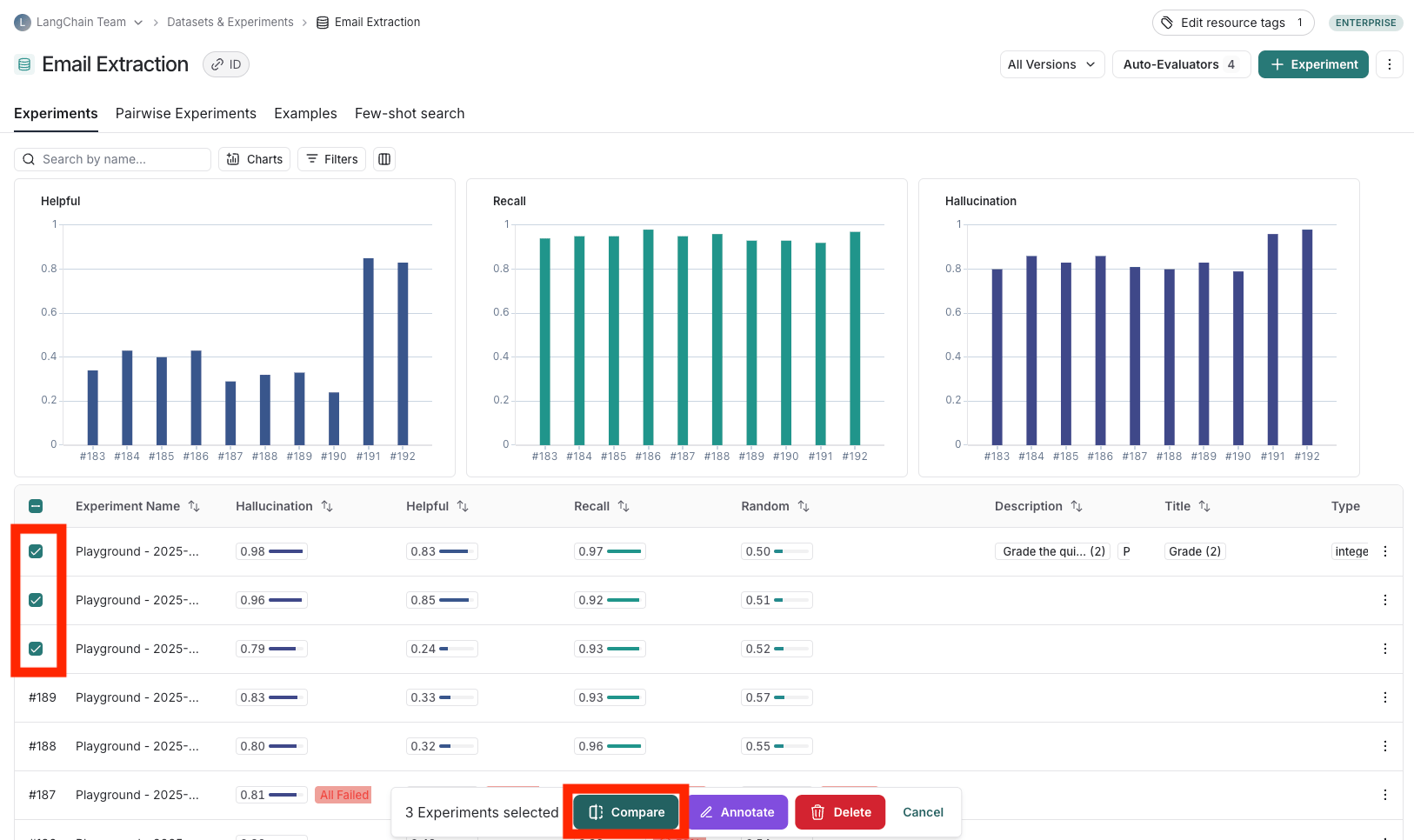 The Experiments view in the UI with 3 experiments selected and the Compare button highlighted.