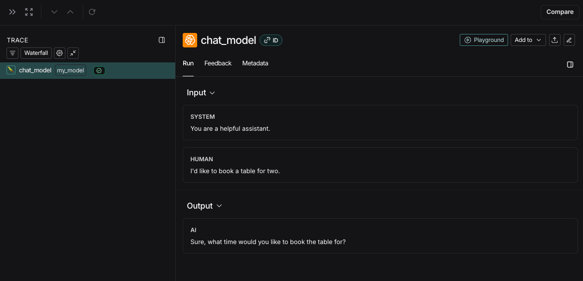 LangSmith UI showing an LLM call trace called ChatOpenAI with a system and human input followed by an AI Output.