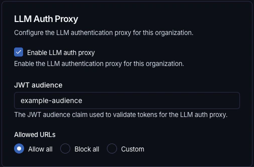 LLM Auth Proxy settings in LangSmith showing the Enable LLM auth proxy checkbox, JWT audience field, and Allowed URLs radio buttons with Allow all selected.