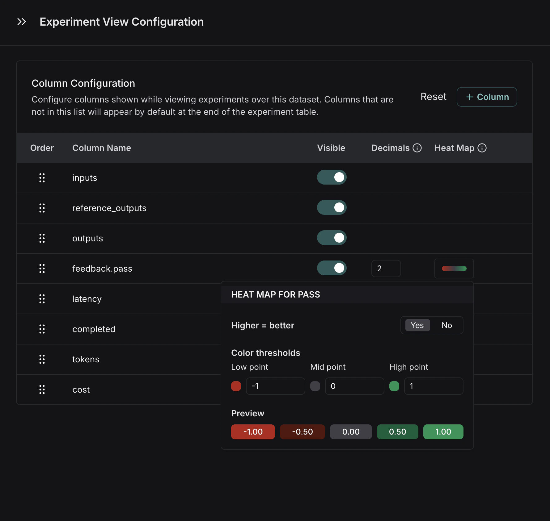 Column heatmap configuration