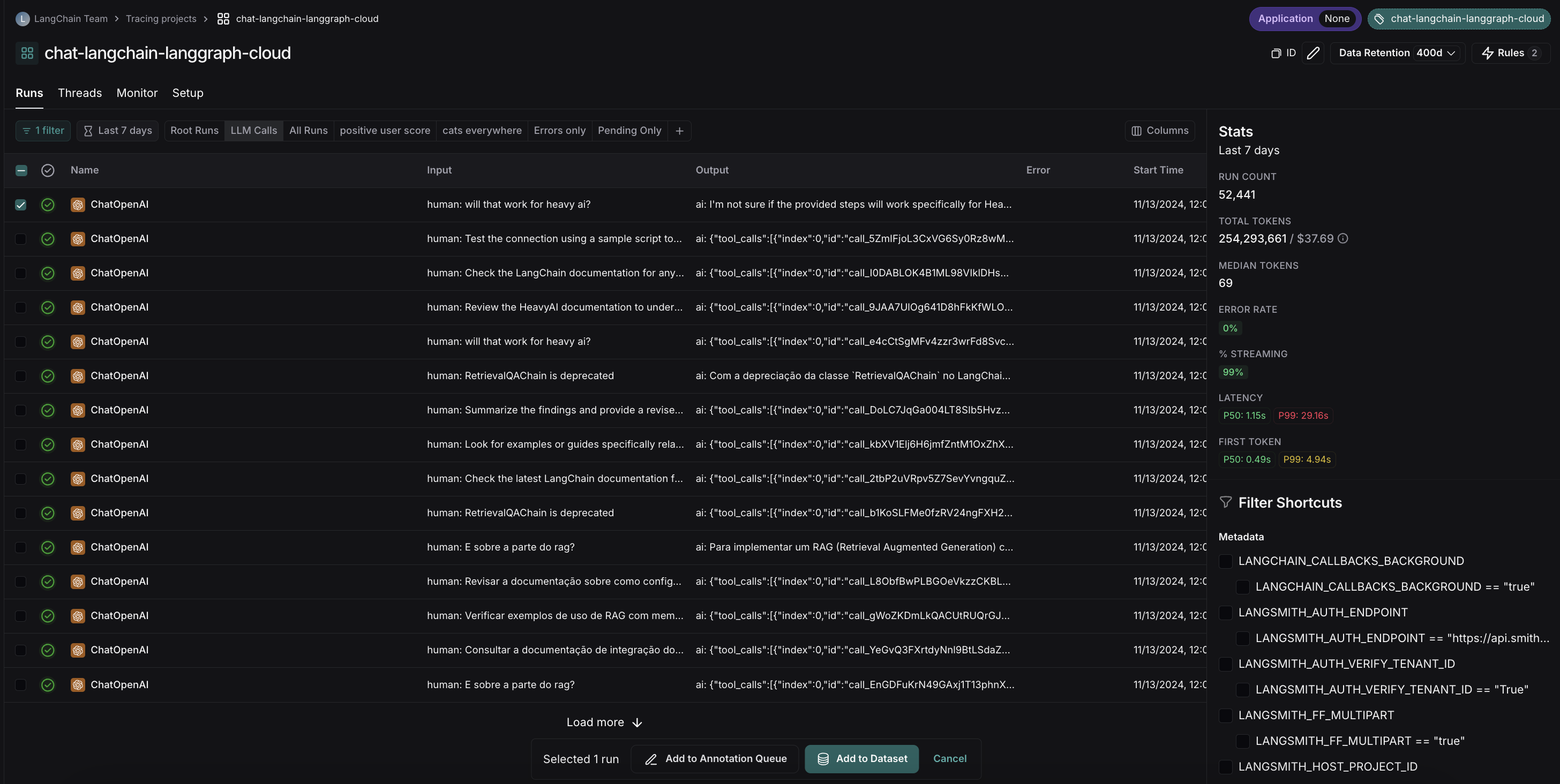 The Runs table with a run selected and the Add to Dataset button visible at the bottom of the page.