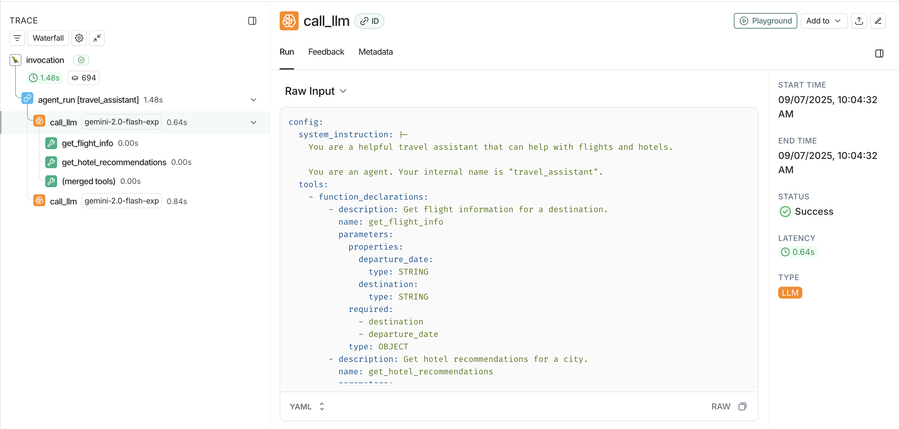 LangSmith dashboard with raw input from run and trace information.