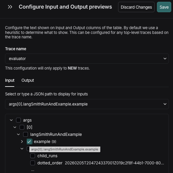 Configure Input and Output previews side panel showing the tree view of trace data structure