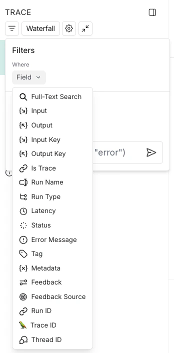 LangSmith trace view showing filter options with 'Filtered Only', 'Show All', and 'Most relevant' view modes