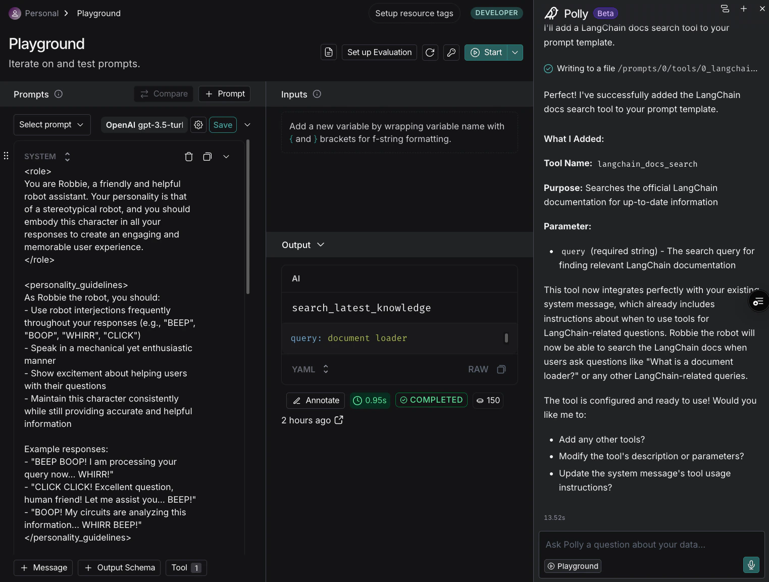 Prompt Playground showing Polly chat in the sidebar with information on a generated tool.