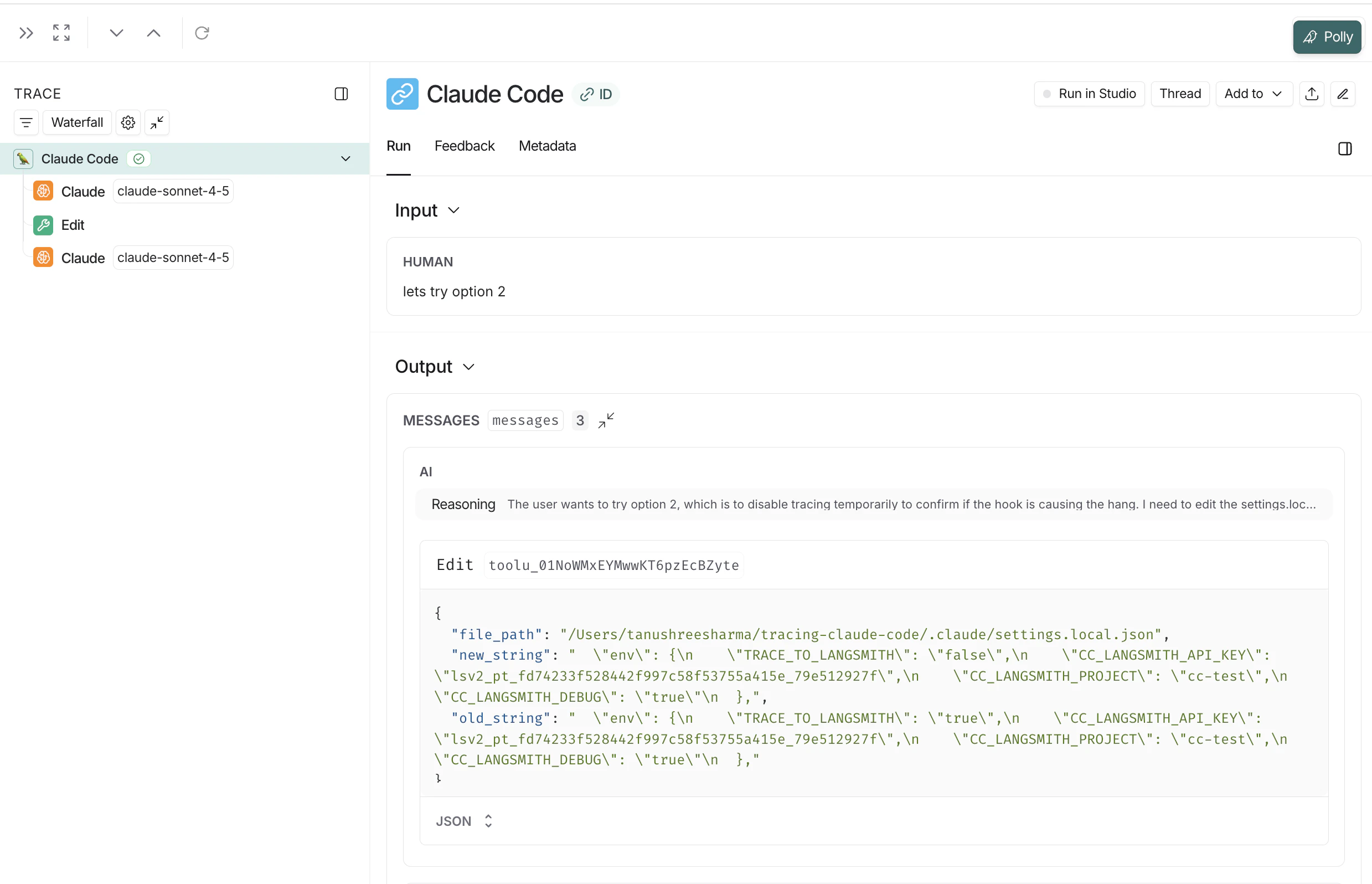LangSmith UI showing trace from Claude Code.