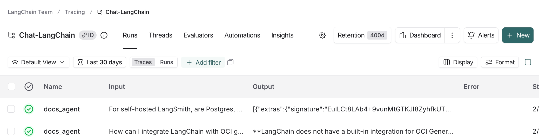 LangSmith filter bar showing view dropdown, time range selector, traces/runs toggle, and add filter button