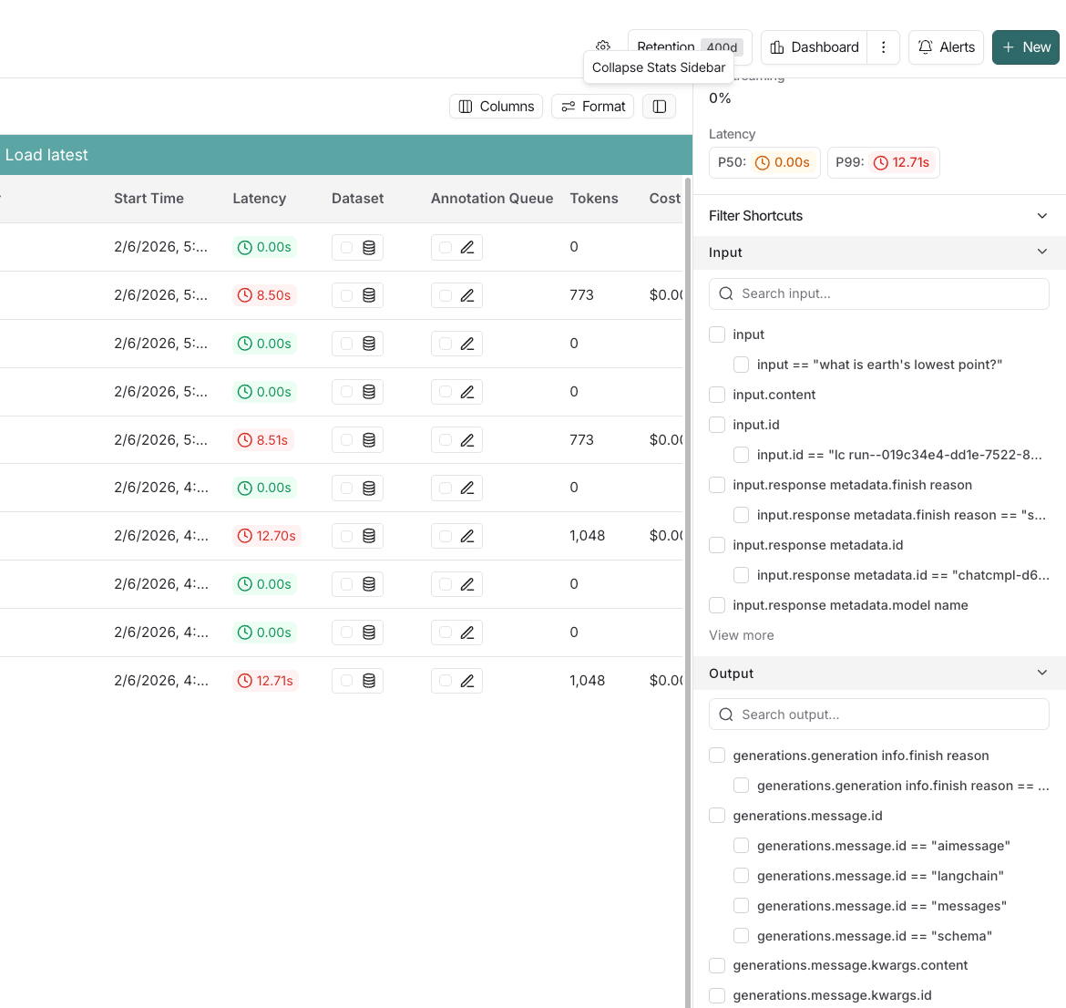 LangSmith filter shortcuts sidebar showing quick access filters for common run attributes