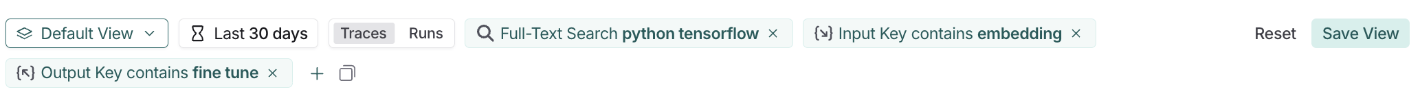 LangSmith filter bar showing full-text search and input/output filters with example search terms for python, tensorflow, embedding, fine, and tune