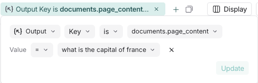 LangSmith filter showing output key-value search using dot notation for 'documents.page_content' key