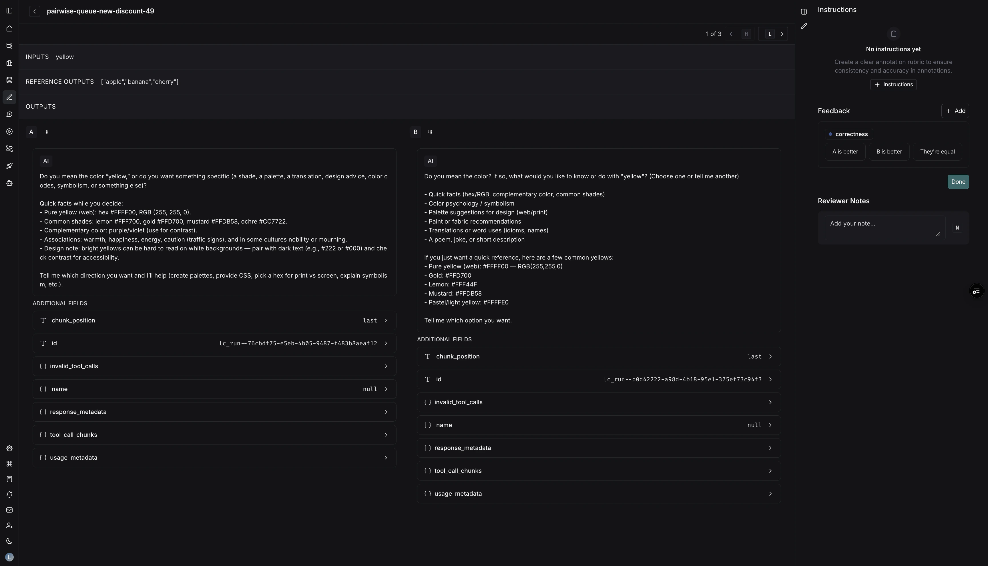 Pairwise review screen showing runs side-by-side with the feedback pane containing A/B/Equal buttons and keyboard shortcuts.