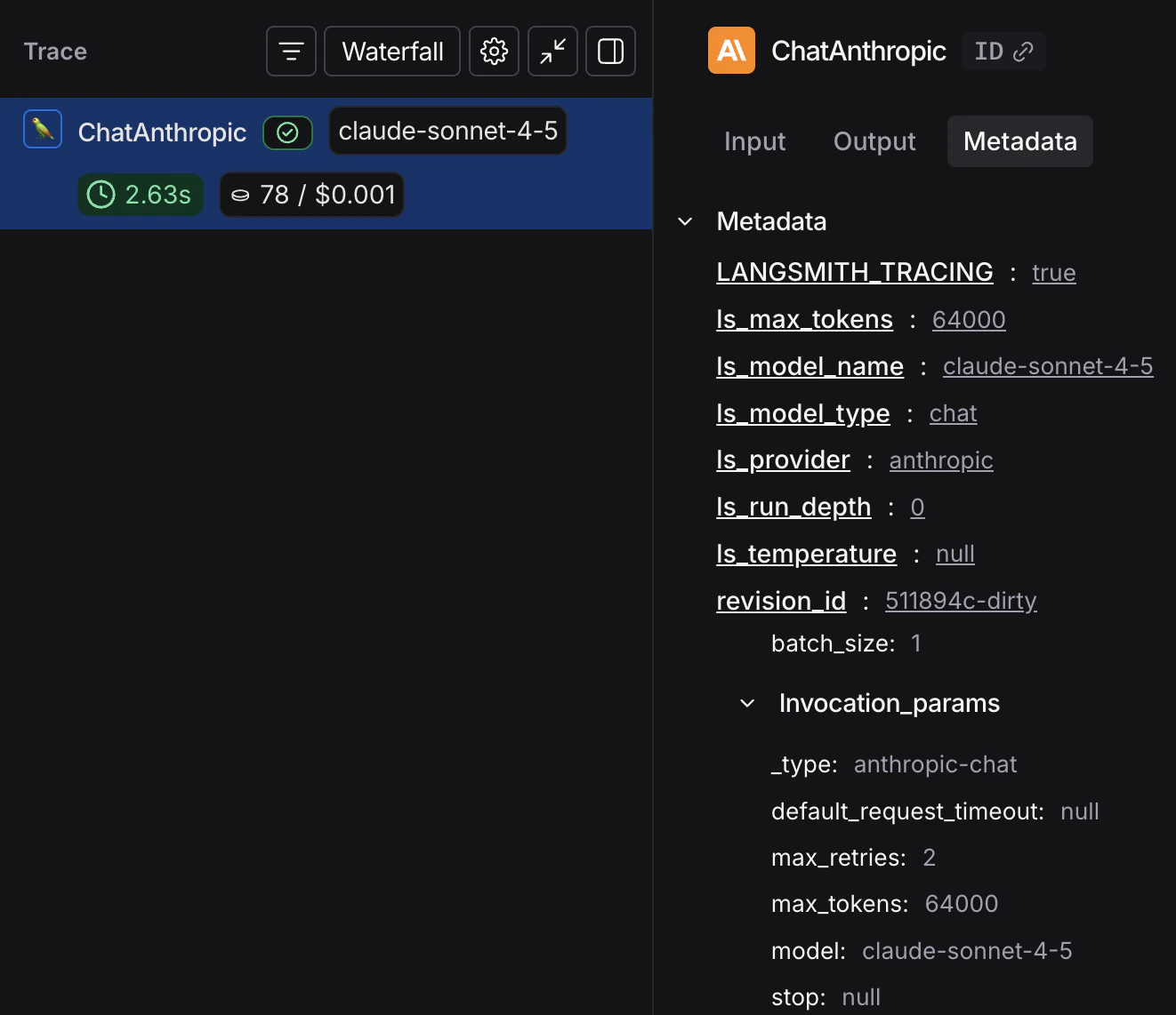 Metadata for a run in the LangSmith UI.