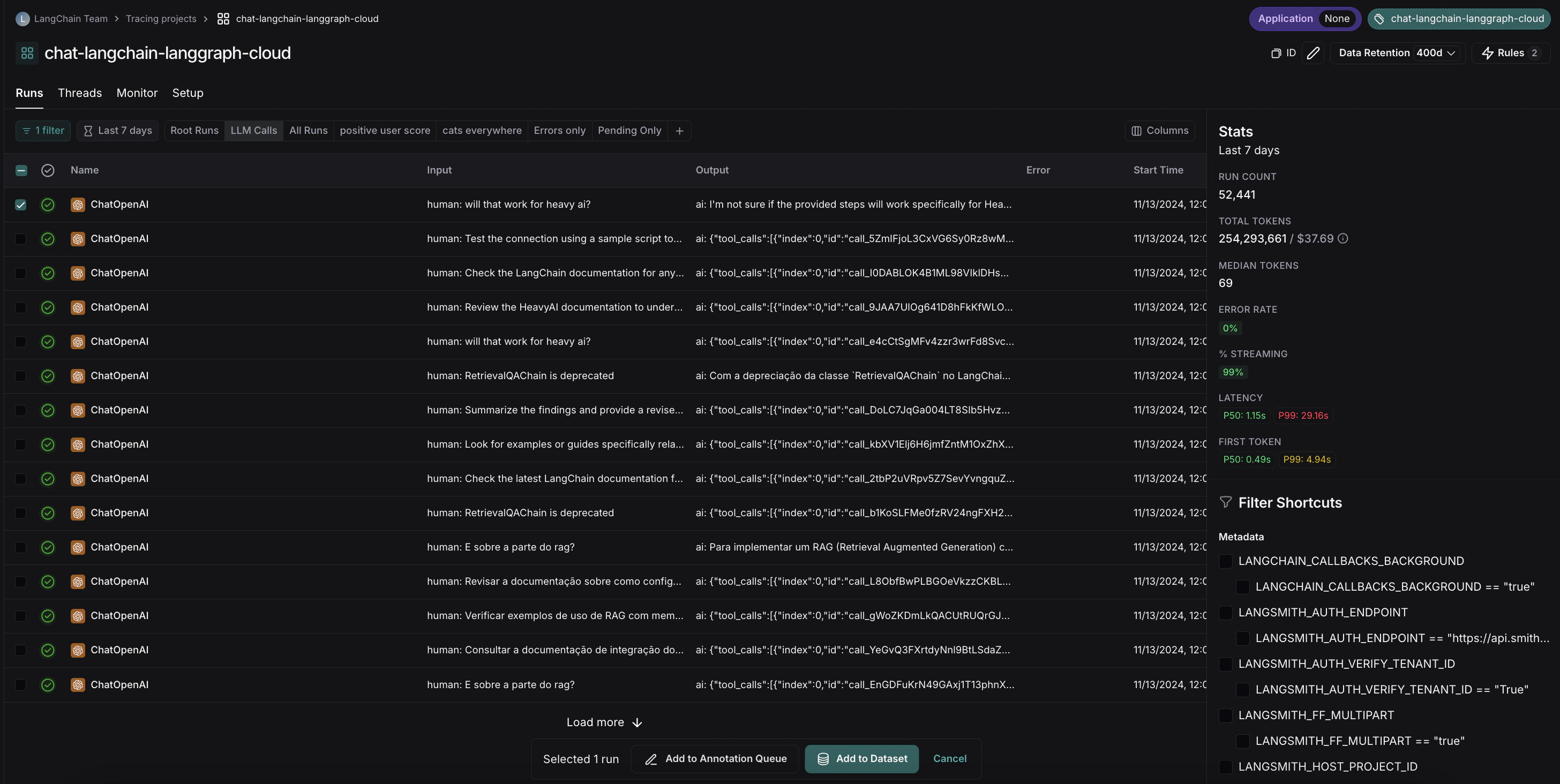 The Runs table with a run selected and the Add to Dataset button visible at the bottom of the page.