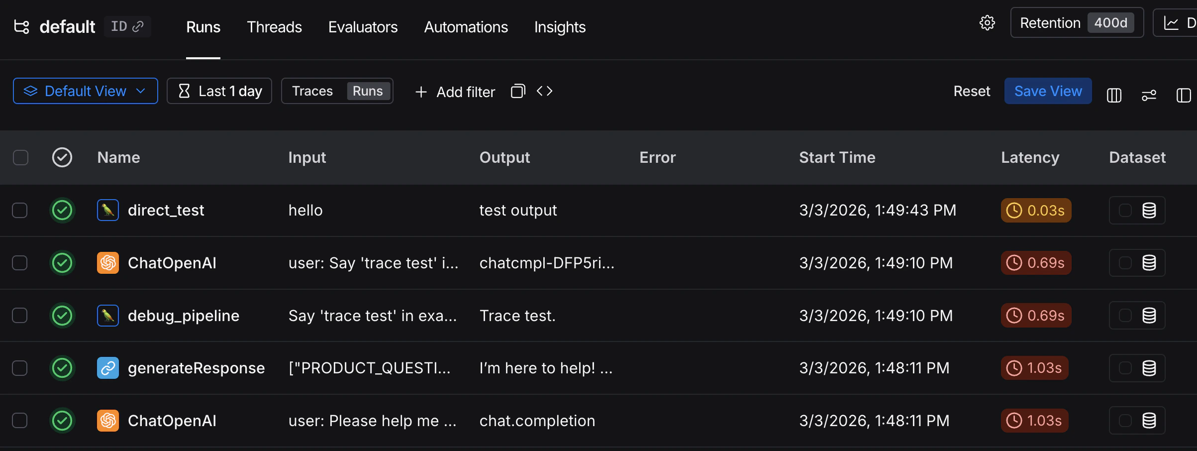 Run details page in the LangSmith UI.