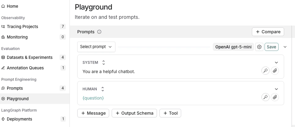 Prompt playground with the system prompt ready for editing.