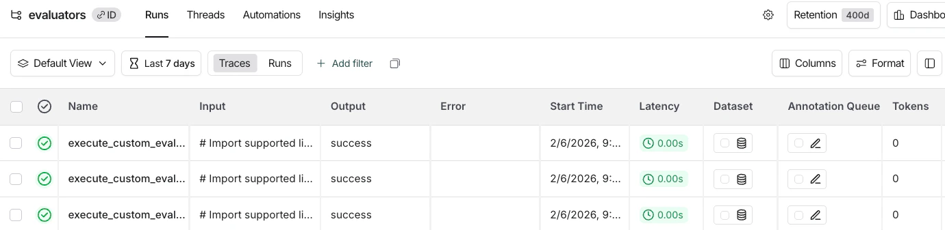 Runs table showing the Format button at the top to configure input and output previews