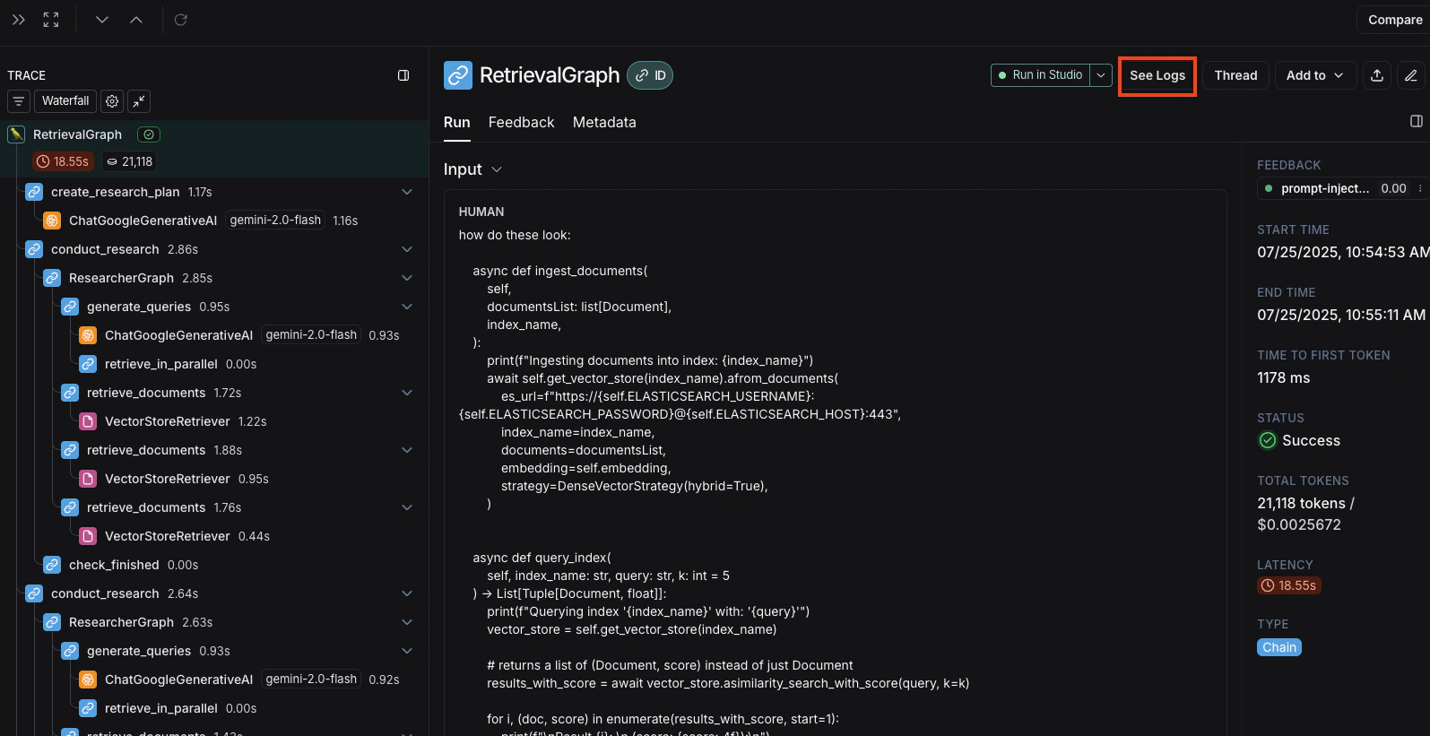 View server logs button