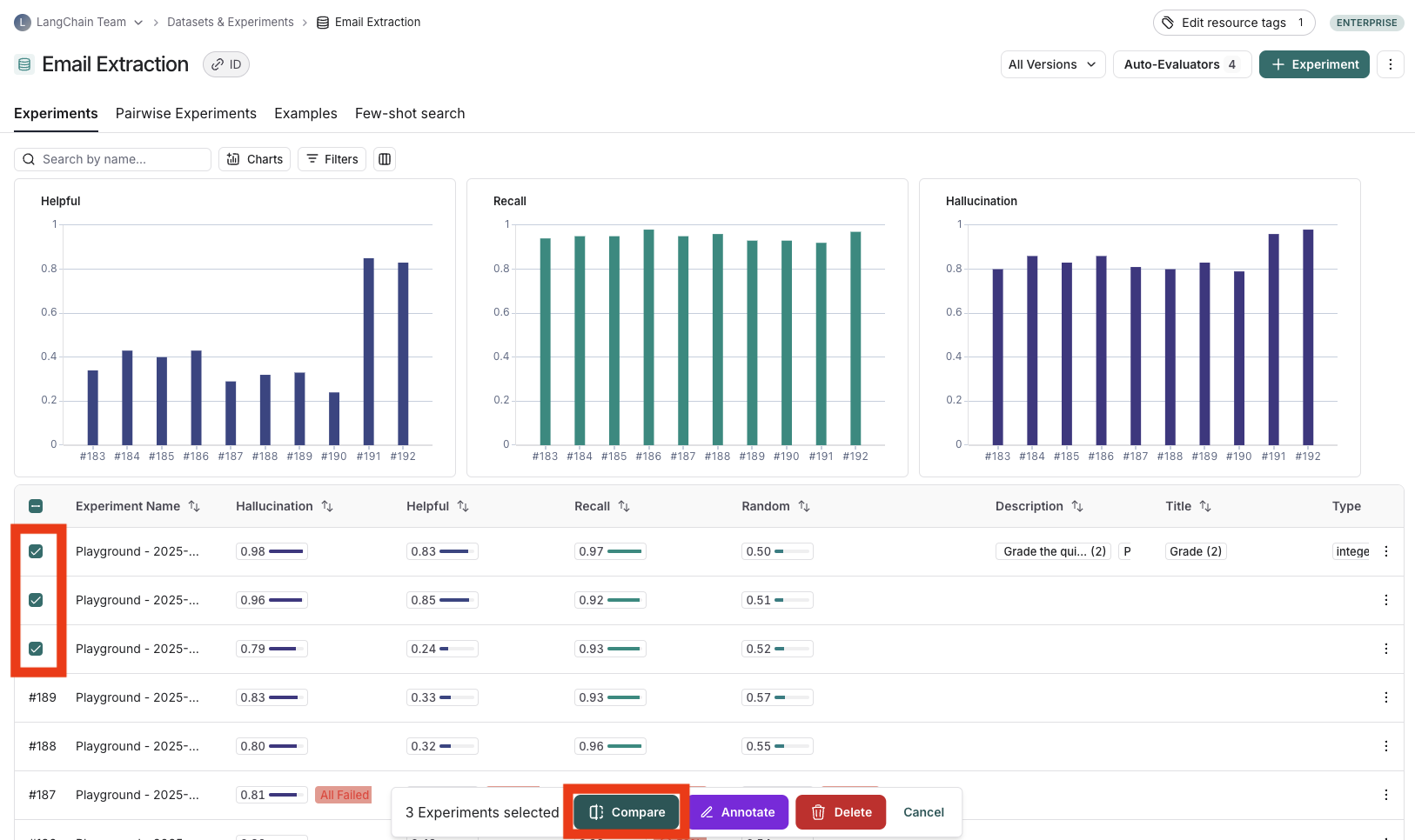 The Experiments view in the UI with 3 experiments selected and the Compare button highlighted.