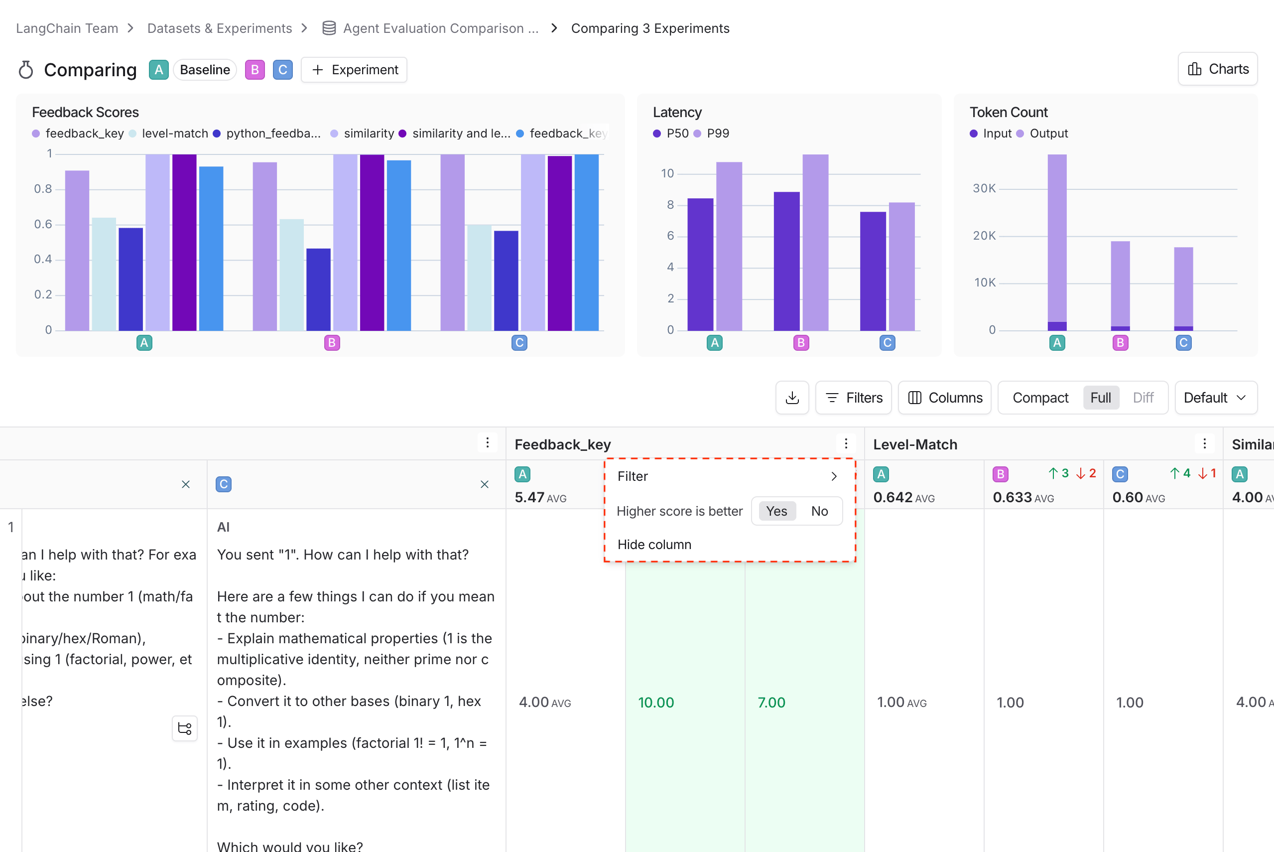 Dropdown for feedback metric column, configuring whether a higher score is better, in light mode.