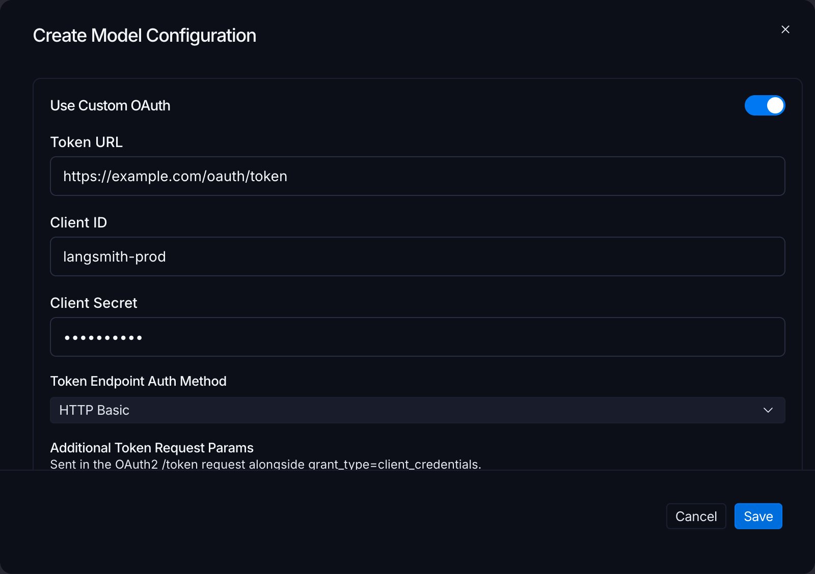 Model configuration Create modal in LangSmith Settings with Use Custom OAuth toggled on, showing Token URL, Client ID, masked Client Secret, and Token Endpoint Auth Method set to HTTP Basic.