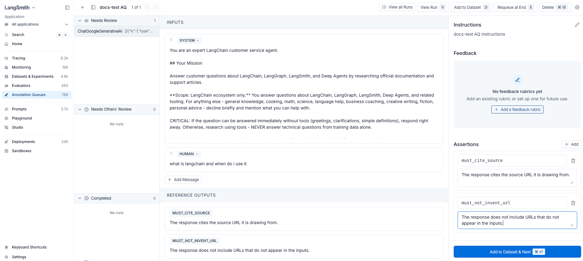 Annotation queue run editor with assertions added in the side panel and the Outputs panel showing a read-only preview of those assertions.