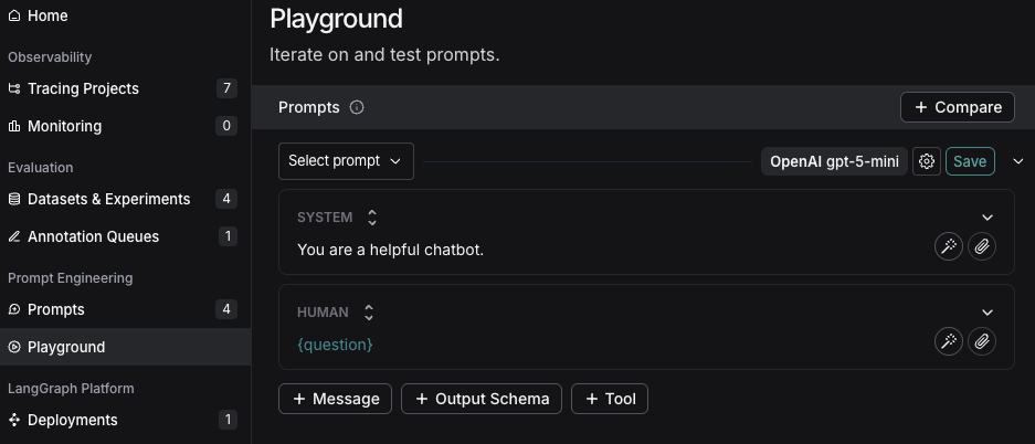 Playground with the system prompt ready for editing.
