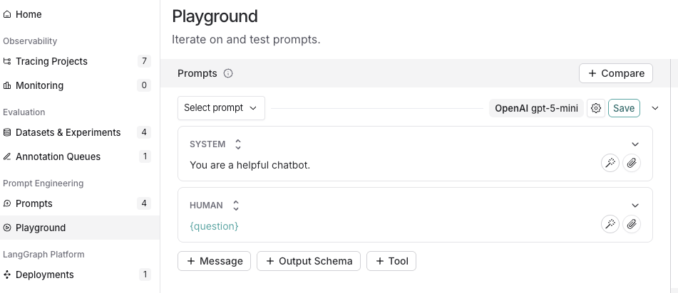 Playground with the system prompt ready for editing.