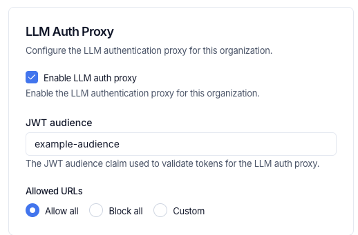 LLM Auth Proxy settings in LangSmith showing the Enable LLM auth proxy checkbox, JWT audience field, and Allowed URLs radio buttons with Allow all selected.