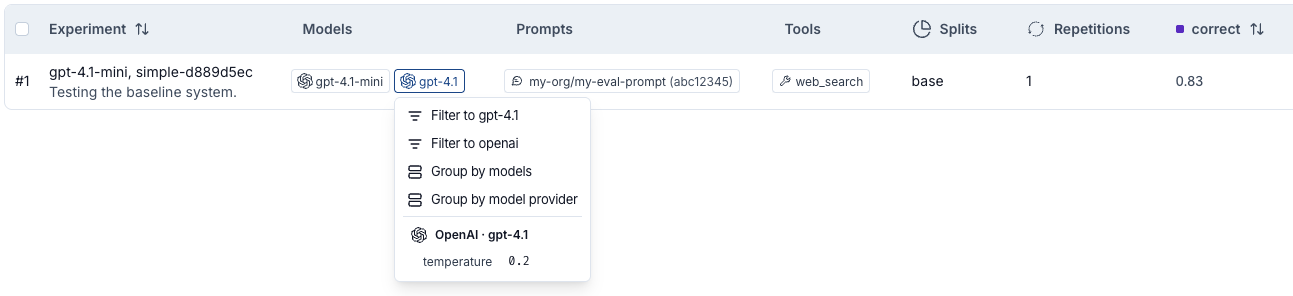 The Experiments tab view with metadata columns for models, prompts, and tools.