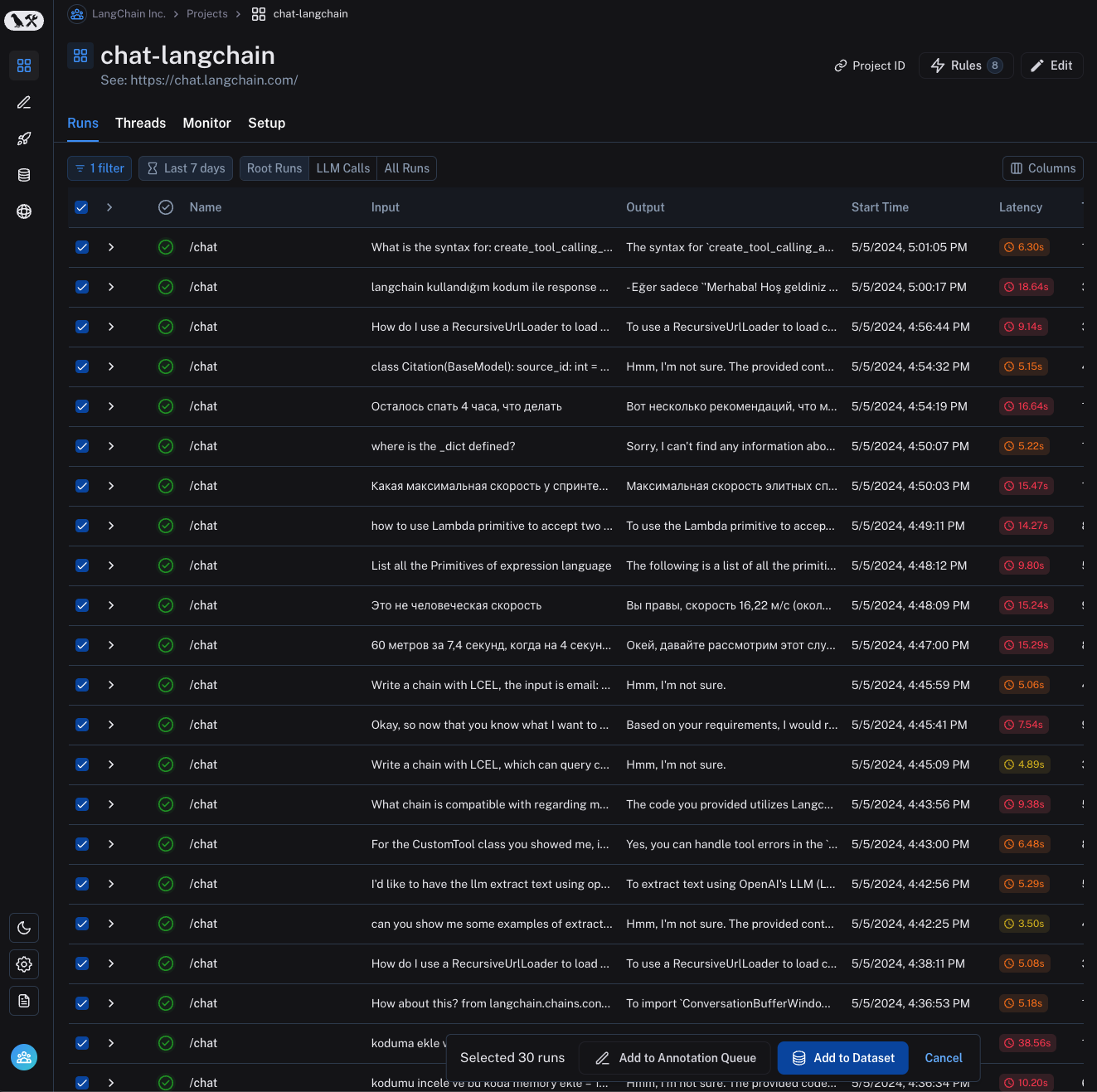 View of the runs table with runs selected. Add to Annotation Queue button at the bottom of the page.