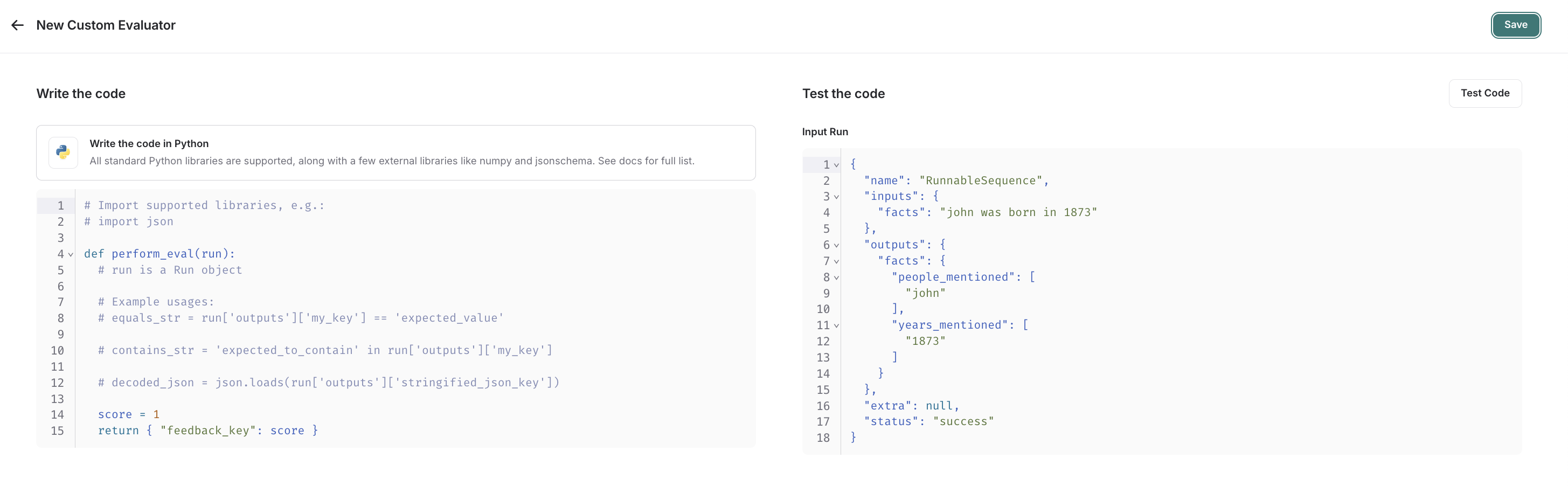Code evaluator panel in LangSmith showing the inline code editor