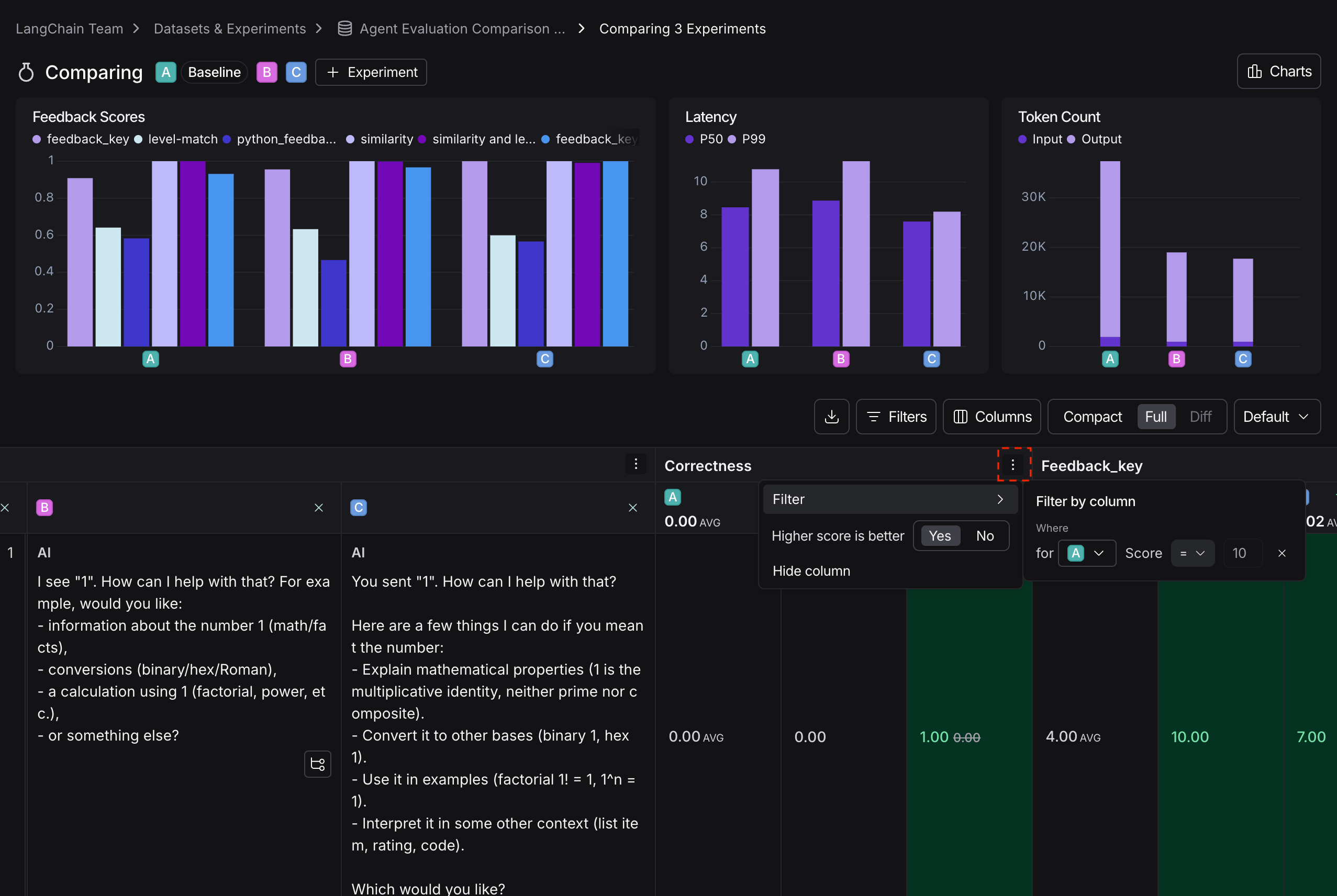Filtering on specific columns, in dark mode.