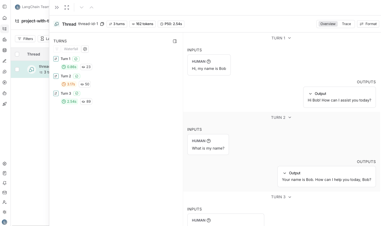 LangSmith UI showing the threads table.