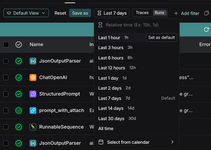 LangSmith time range filter showing date and time selection options