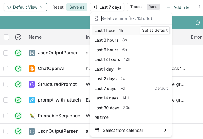 LangSmith time range filter showing date and time selection options