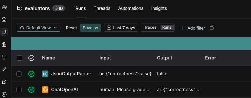 LangSmith filter bar showing view dropdown, time range selector, traces/runs toggle, and add filter button