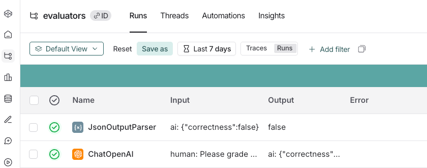 LangSmith filter bar showing view dropdown, time range selector, traces/runs toggle, and add filter button