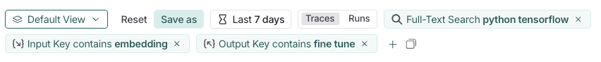 LangSmith filter bar showing full-text search and input/output filters with example search terms for python, tensorflow, embedding, fine, and tune