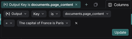 LangSmith filter showing output key-value search using dot notation for 'documents.page_content' key