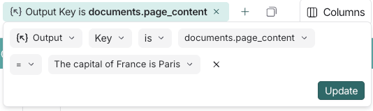 LangSmith filter showing output key-value search using dot notation for 'documents.page_content' key