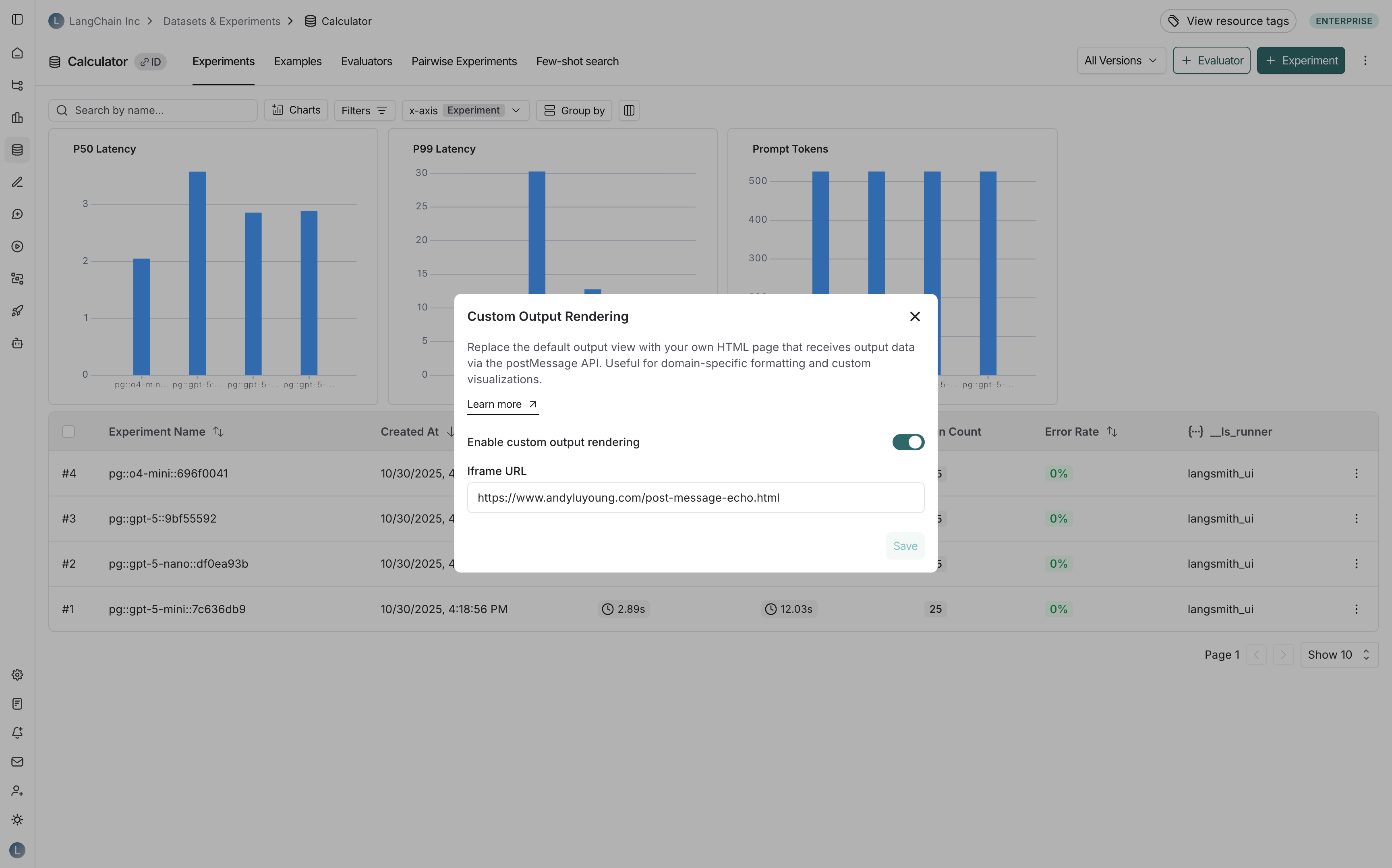 Custom Output Rendering modal with fields filled in