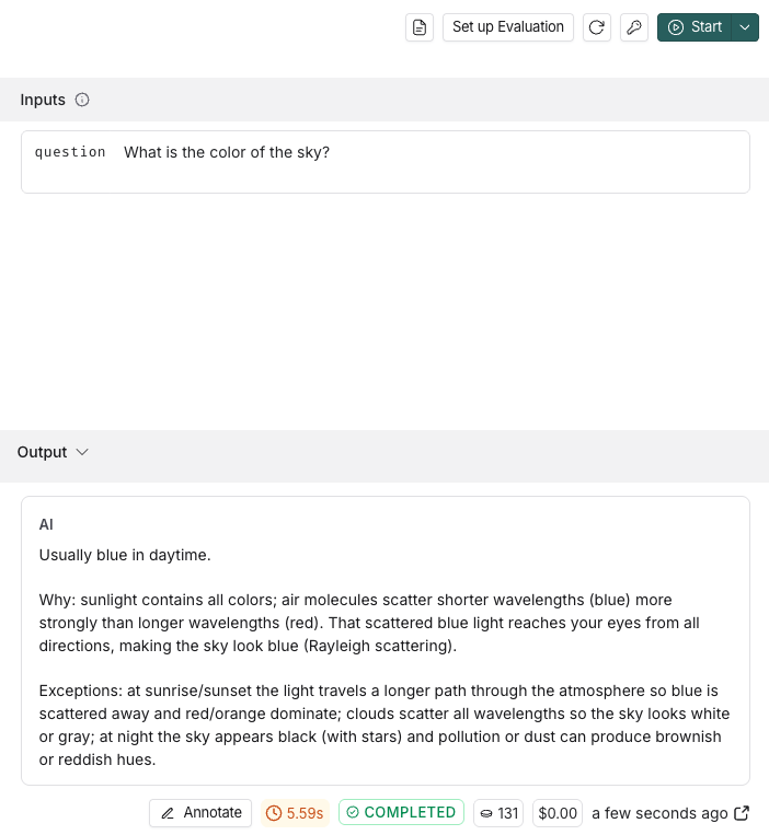 The input box with a question entered. The output box contains the response to the prompt.