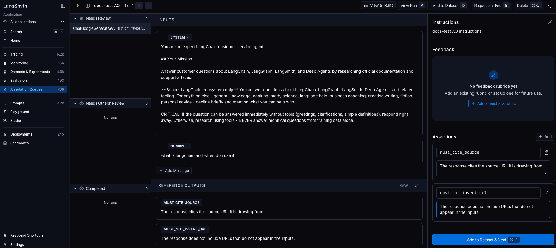 Annotation queue run editor with assertions added in the side panel and the Outputs panel showing a read-only preview of those assertions.