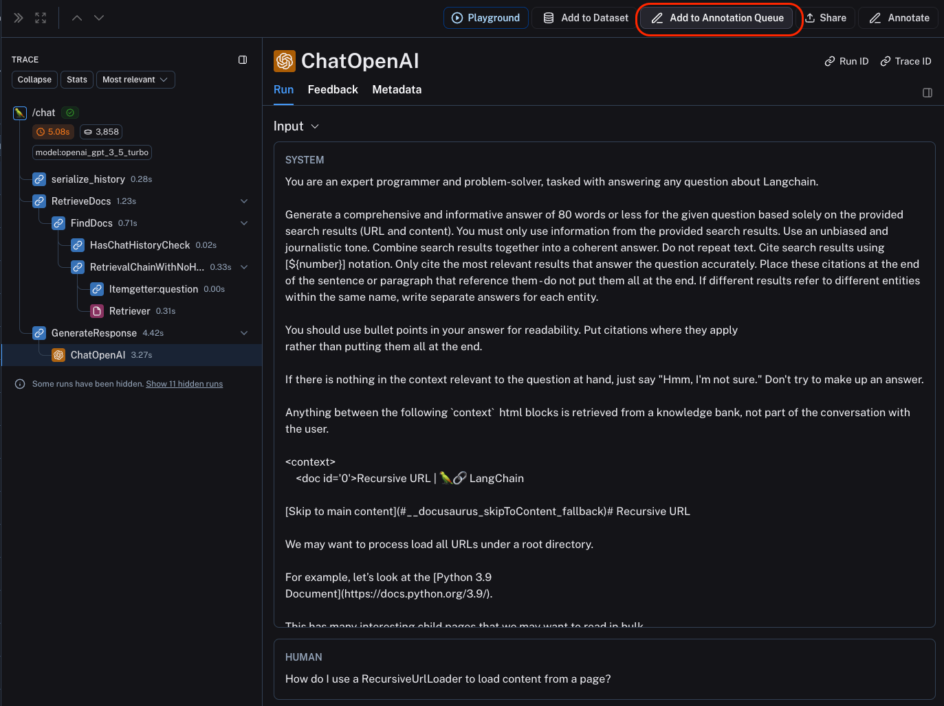 Trace view with the Add to Annotation Queue button highlighted at the top of the screen.