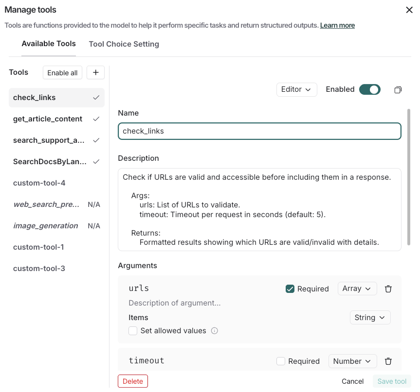 Manage tools with a list of available tools, Enabled switch, and edit functionality.