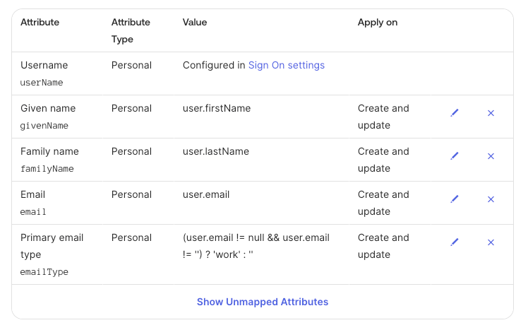 SCIM Okta User Attributes Mapping