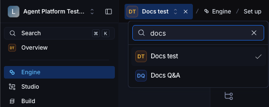 The agent switcher open, with a search box above a list of agents and a check mark beside the selected one.